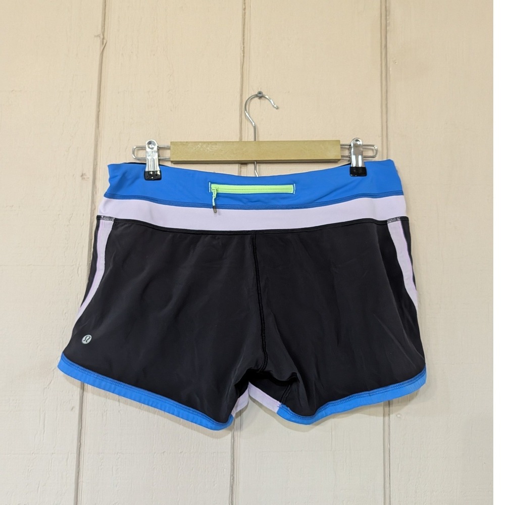 Lululemon Speed Short Black Blue Neon Green Colorblock Running Shorts Size 8‎